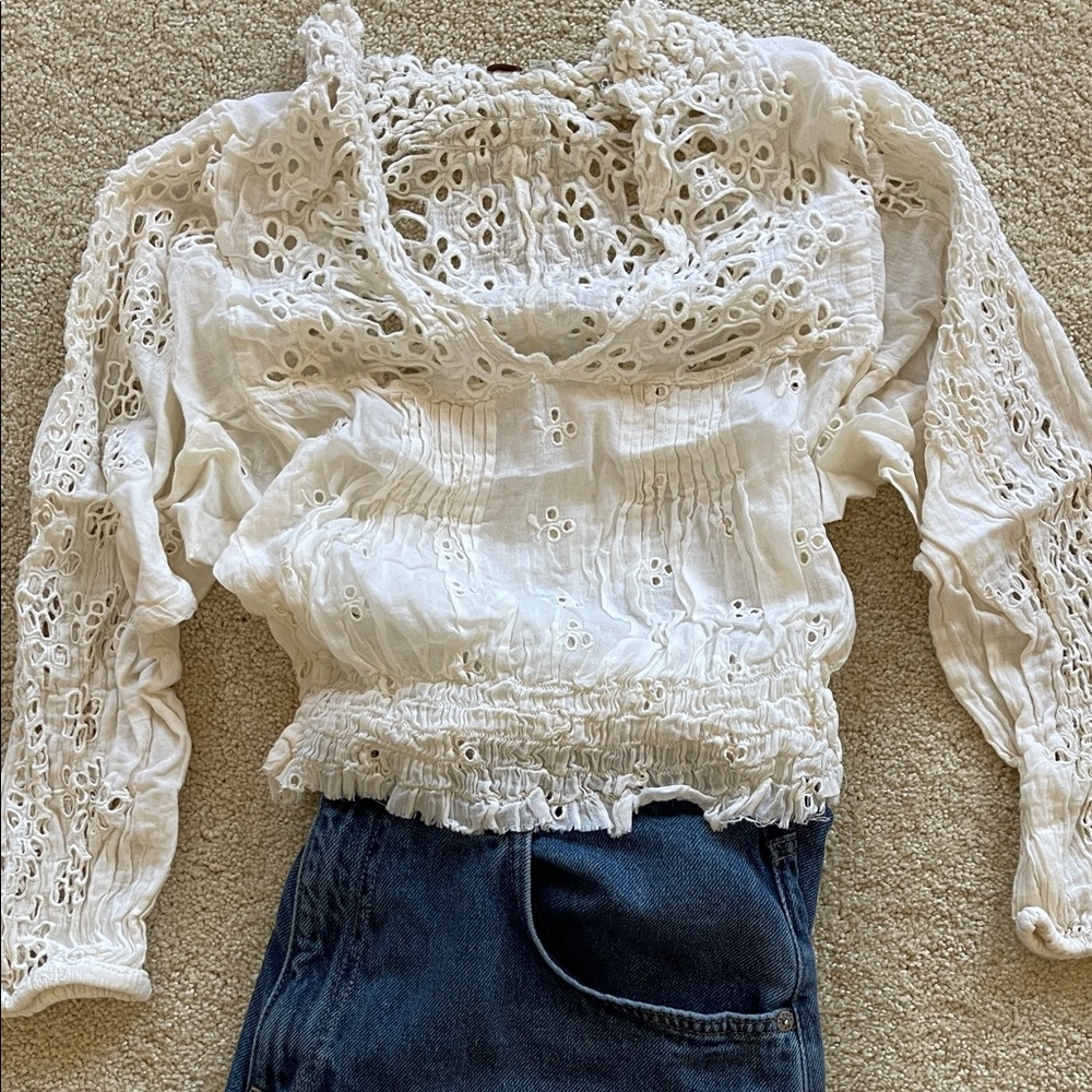 FP Movement by Free People White Eyelet Crop Cotton Blouse